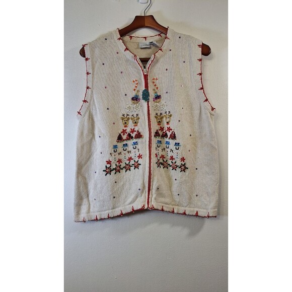 KIM ROGERS Full Zip Christmas Sweater Vest XL Embroidered Beaded Holiday Ugly - Picture 1 of 9